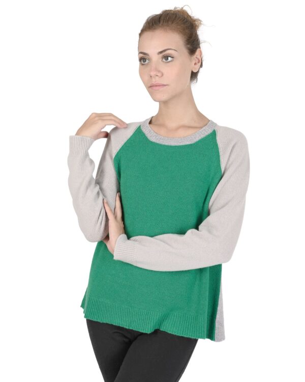 Crown of Edinburgh Cashmere Womens Round Neck Sweater COE 0016 GREEN/CREAM